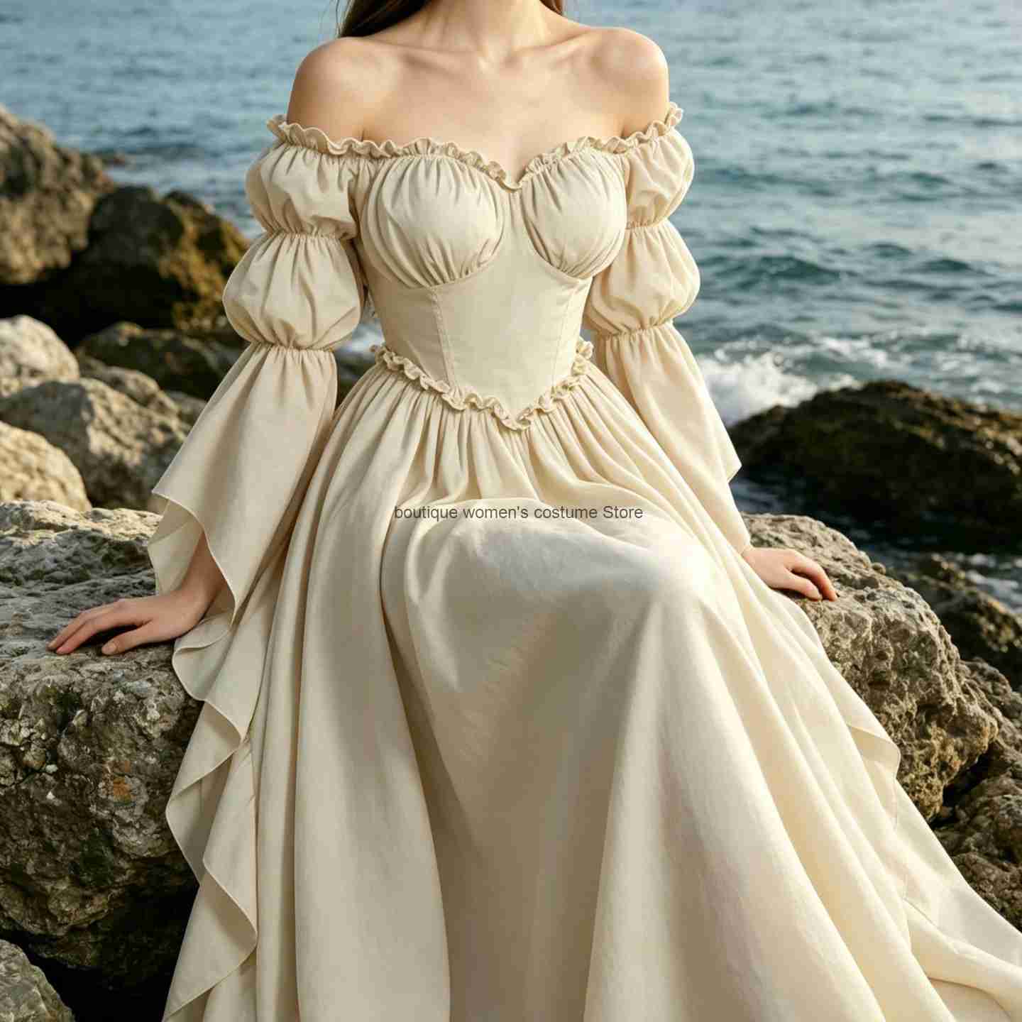 Medieval Renaissance Dress Women - ชุดเดรสยาวสไตล์ยุคกลางและยุคฟื้นฟูศิลปวิทยาแบบวินเทจสำหรับผู้หญิง ดีไซน์เปิดไหล่ แขนพอง ชุดการแสดงบนเวทีสไตล์ราชสำนักยุโรป