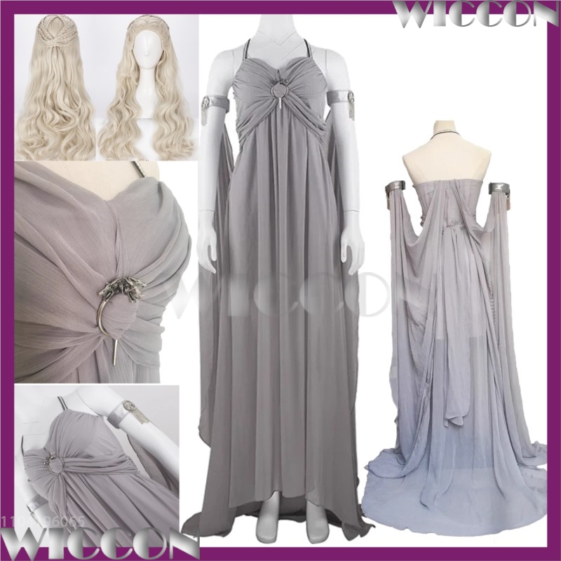 Medieval Renaissance Dress Women - ชุดพิธีกรรมยุคกลางดาเนียร์สผู้หญิงมารดาแห่งมังกรราชินีทาร์กาเรียนอะนิเมะคอสเพลย์สีเทาเสื้อผ้าวิกผมสีบลอนด์ฮาโลวีนบทบาทสมมติ