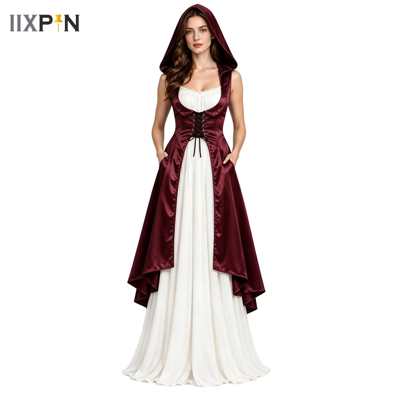 Medieval Renaissance Dress Women - ชุดแฟนซียุคเรอเนซองส์สำหรับผู้หญิง ชุดฮาโลวีนสำหรับผู้หญิง ชุดฮู้ดสไตล์ยุคกลางวินเทจ ชุดเดรสผ้าซาตินแบบสวมหัว ผูกเชือก ชายกระโปรงหน้าสั้นหลังยาว