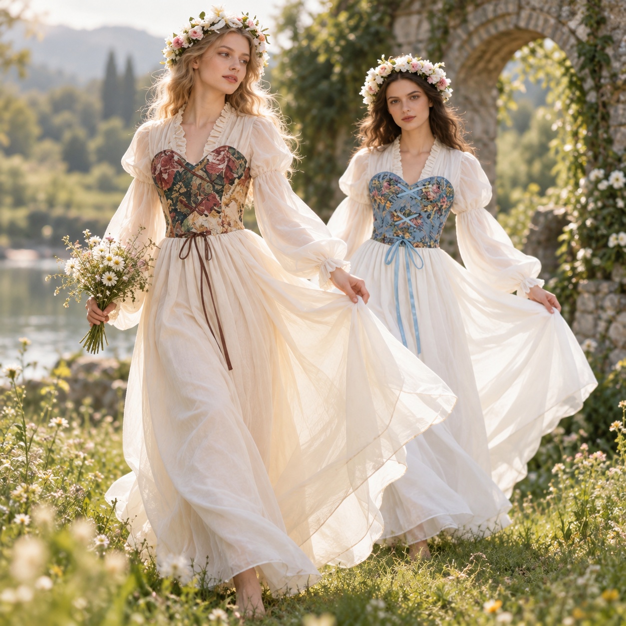 Medieval Renaissance Dress Women - ชุดเดรสเอวสูงสไตล์เรอเนซองส์ พร้อมชุดคอร์เซ็ต สำหรับการแสดงบนเวทีในยุคกลาง ชุดนางฟ้า ธีมแฟนตาซี ชุดคอสตูมสำหรับชายและหญิง